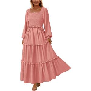 imagePRETTYGARDEN Womens Spring Long Sleeve Smocked Maxi Dress Casual Square Neck Swiss Dot Tiered Ruffle Flowy Pocket DressesDusty Pink