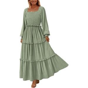 imagePRETTYGARDEN Womens Spring Long Sleeve Smocked Maxi Dress Casual Square Neck Swiss Dot Tiered Ruffle Flowy Pocket DressesGrey Green