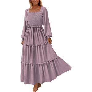 imagePRETTYGARDEN Womens Spring Long Sleeve Smocked Maxi Dress Casual Square Neck Swiss Dot Tiered Ruffle Flowy Pocket DressesGrey Purple