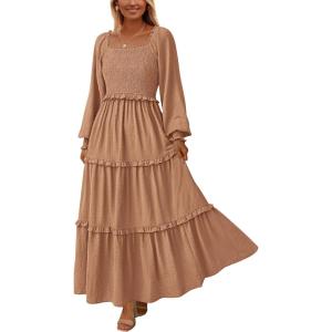 imagePRETTYGARDEN Womens Spring Long Sleeve Smocked Maxi Dress Casual Square Neck Swiss Dot Tiered Ruffle Flowy Pocket DressesKhaki