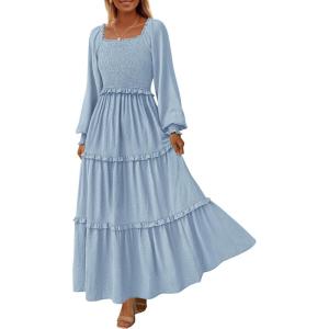 imagePRETTYGARDEN Womens Spring Long Sleeve Smocked Maxi Dress Casual Square Neck Swiss Dot Tiered Ruffle Flowy Pocket DressesLight Blue