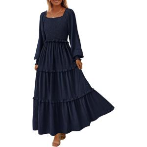 imagePRETTYGARDEN Womens Spring Long Sleeve Smocked Maxi Dress Casual Square Neck Swiss Dot Tiered Ruffle Flowy Pocket DressesNavy