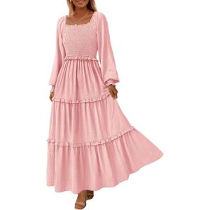 imagePRETTYGARDEN Womens Spring Long Sleeve Smocked Maxi Dress Casual Square Neck Swiss Dot Tiered Ruffle Flowy Pocket DressesPink