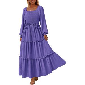 imagePRETTYGARDEN Womens Spring Long Sleeve Smocked Maxi Dress Casual Square Neck Swiss Dot Tiered Ruffle Flowy Pocket DressesPurple Blue
