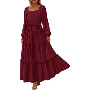 imagePRETTYGARDEN Womens Spring Long Sleeve Smocked Maxi Dress Casual Square Neck Swiss Dot Tiered Ruffle Flowy Pocket DressesWine Red