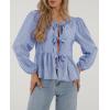 imagePRETTYGARDEN Womens Spring Fall Babydoll Peplum Blouse Shirt Puff Long Sleeve Bow Tie Front Trendy Cute Y2K Going Out TopsPlaid Blue