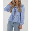 imagePRETTYGARDEN Womens Spring Fall Babydoll Peplum Blouse Shirt Puff Long Sleeve Bow Tie Front Trendy Cute Y2K Going Out TopsPlaid Blue