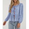 imagePRETTYGARDEN Womens Spring Fall Babydoll Peplum Blouse Shirt Puff Long Sleeve Bow Tie Front Trendy Cute Y2K Going Out TopsPlaid Blue