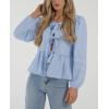 imagePRETTYGARDEN Womens Spring Fall Babydoll Peplum Blouse Shirt Puff Long Sleeve Bow Tie Front Trendy Cute Y2K Going Out TopsPlaid Light Blue