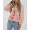 imagePRETTYGARDEN Womens Spring Fall Babydoll Peplum Blouse Shirt Puff Long Sleeve Bow Tie Front Trendy Cute Y2K Going Out TopsPlaid Pink