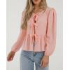 imagePRETTYGARDEN Womens Spring Fall Babydoll Peplum Blouse Shirt Puff Long Sleeve Bow Tie Front Trendy Cute Y2K Going Out TopsPlaid Pink