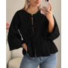 imagePRETTYGARDEN Womens Spring Fall Babydoll Peplum Blouse Shirt Puff Long Sleeve Bow Tie Front Trendy Cute Y2K Going Out TopsSolid Black