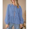 imagePRETTYGARDEN Womens Spring Fall Babydoll Peplum Blouse Shirt Puff Long Sleeve Bow Tie Front Trendy Cute Y2K Going Out TopsSolid Blue