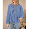 imagePRETTYGARDEN Womens Spring Fall Babydoll Peplum Blouse Shirt Puff Long Sleeve Bow Tie Front Trendy Cute Y2K Going Out TopsSolid Blue
