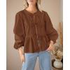 imagePRETTYGARDEN Womens Spring Fall Babydoll Peplum Blouse Shirt Puff Long Sleeve Bow Tie Front Trendy Cute Y2K Going Out TopsSolid Brown