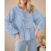 imagePRETTYGARDEN Womens Spring Fall Babydoll Peplum Blouse Shirt Puff Long Sleeve Bow Tie Front Trendy Cute Y2K Going Out TopsSolid Light Blue