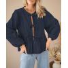 imagePRETTYGARDEN Womens Spring Fall Babydoll Peplum Blouse Shirt Puff Long Sleeve Bow Tie Front Trendy Cute Y2K Going Out TopsSolid Navy