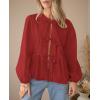 imagePRETTYGARDEN Womens Spring Fall Babydoll Peplum Blouse Shirt Puff Long Sleeve Bow Tie Front Trendy Cute Y2K Going Out TopsSolid Red