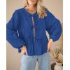 imagePRETTYGARDEN Womens Spring Fall Babydoll Peplum Blouse Shirt Puff Long Sleeve Bow Tie Front Trendy Cute Y2K Going Out TopsSolid Royal Blue