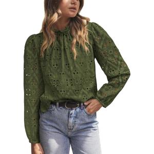 imagePRETTYGARDEN Tops for Women Trendy 2025 Spring Long Sleeve Blouses Dressy Casual Embroidered Eyelet Going Out ShirtsArmy Green