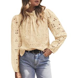 imagePRETTYGARDEN Tops for Women Trendy 2025 Spring Long Sleeve Blouses Dressy Casual Embroidered Eyelet Going Out ShirtsBeige Yellow