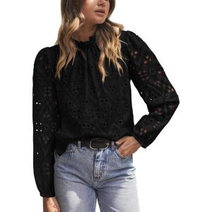 imagePRETTYGARDEN Tops for Women Trendy 2025 Spring Long Sleeve Blouses Dressy Casual Embroidered Eyelet Going Out ShirtsBlack