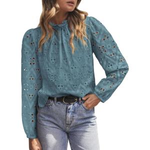 imagePRETTYGARDEN Tops for Women Trendy 2025 Spring Long Sleeve Blouses Dressy Casual Embroidered Eyelet Going Out ShirtsBlue Grey