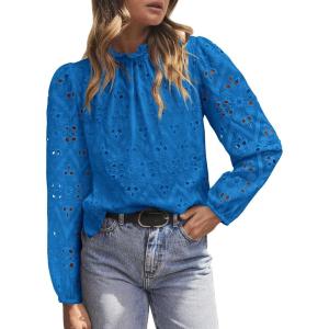 imagePRETTYGARDEN Tops for Women Trendy 2025 Spring Long Sleeve Blouses Dressy Casual Embroidered Eyelet Going Out ShirtsBrilliant Blue