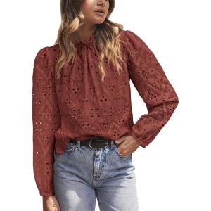 imagePRETTYGARDEN Tops for Women Trendy 2025 Spring Long Sleeve Blouses Dressy Casual Embroidered Eyelet Going Out ShirtsBrown Red