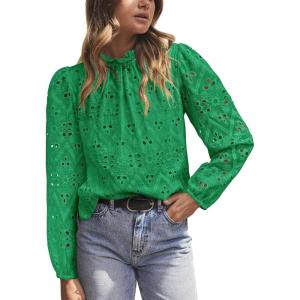 imagePRETTYGARDEN Tops for Women Trendy 2025 Spring Long Sleeve Blouses Dressy Casual Embroidered Eyelet Going Out ShirtsGreen