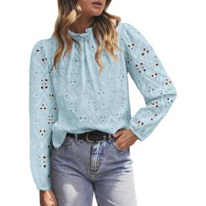 imagePRETTYGARDEN Tops for Women Trendy 2025 Spring Long Sleeve Blouses Dressy Casual Embroidered Eyelet Going Out ShirtsLight Blue