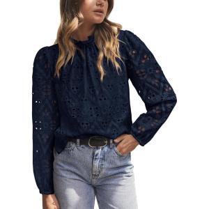 imagePRETTYGARDEN Tops for Women Trendy 2025 Spring Long Sleeve Blouses Dressy Casual Embroidered Eyelet Going Out ShirtsNavy