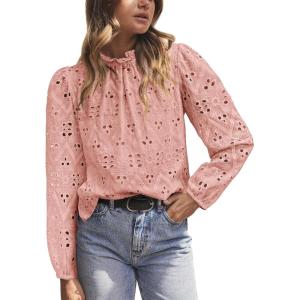 imagePRETTYGARDEN Tops for Women Trendy 2025 Spring Long Sleeve Blouses Dressy Casual Embroidered Eyelet Going Out ShirtsPink