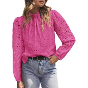 imagePRETTYGARDEN Tops for Women Trendy 2025 Spring Long Sleeve Blouses Dressy Casual Embroidered Eyelet Going Out ShirtsRose Red