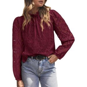 imagePRETTYGARDEN Tops for Women Trendy 2025 Spring Long Sleeve Blouses Dressy Casual Embroidered Eyelet Going Out ShirtsWine Red