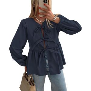 imagePRETTYGARDEN Womens Spring Fall Babydoll Peplum Blouse Shirt Puff Long Sleeve Bow Tie Front Trendy Cute Y2K Going Out TopsSolid Navy