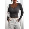 imagePRETTYGARDEN Womens 2025 Spring Fall Long Sleeve Henley T Shirts Button Ribbed Knit Slim Fit Casual Basic Tops BlouseDark Grey