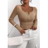 imagePRETTYGARDEN Womens 2025 Spring Fall Long Sleeve Henley T Shirts Button Ribbed Knit Slim Fit Casual Basic Tops BlouseLight Khaki