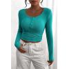 imagePRETTYGARDEN Womens 2025 Spring Fall Long Sleeve Henley T Shirts Button Ribbed Knit Slim Fit Casual Basic Tops BlouseMalachite Green