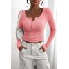 imagePRETTYGARDEN Womens 2025 Spring Fall Long Sleeve Henley T Shirts Button Ribbed Knit Slim Fit Casual Basic Tops BlousePink