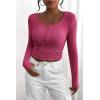imagePRETTYGARDEN Womens 2025 Spring Fall Long Sleeve Henley T Shirts Button Ribbed Knit Slim Fit Casual Basic Tops BlouseRose Red