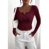 imagePRETTYGARDEN Womens 2025 Spring Fall Long Sleeve Henley T Shirts Button Ribbed Knit Slim Fit Casual Basic Tops BlouseWine Red