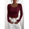 imagePRETTYGARDEN Womens 2025 Spring Fall Long Sleeve Henley T Shirts Button Ribbed Knit Slim Fit Casual Basic Tops BlouseWine Red
