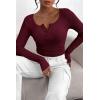 imagePRETTYGARDEN Womens 2025 Spring Fall Long Sleeve Henley T Shirts Button Ribbed Knit Slim Fit Casual Basic Tops BlouseWine Red