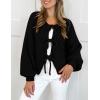 imagePRETTYGARDEN Womens Tie Front Bow Cardigan Sweaters Chunky Knit Long Puff Sleeve Trendy Fall Winter Jacket CoatsBlack
