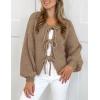 imagePRETTYGARDEN Womens Tie Front Bow Cardigan Sweaters Chunky Knit Long Puff Sleeve Trendy Fall Winter Jacket CoatsLight Khaki