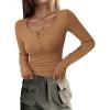 imagePRETTYGARDEN Womens 2025 Spring Fall Long Sleeve Henley T Shirts Button Ribbed Knit Slim Fit Casual Basic Tops BlouseLight Camel