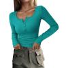 imagePRETTYGARDEN Womens 2025 Spring Fall Long Sleeve Henley T Shirts Button Ribbed Knit Slim Fit Casual Basic Tops BlouseMalachite Green