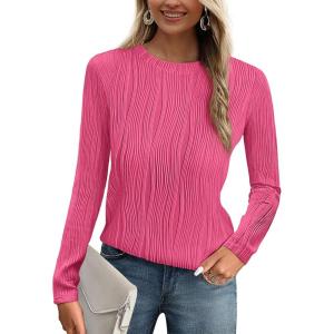 imagePRETTYGARDEN Long Sleeve Tops for Women 2025 Spring Fall Trendy Business Dressy Casual Shirts Crewneck Textured BlouseRose Red