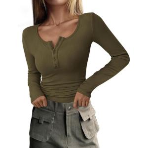 imagePRETTYGARDEN Womens 2025 Spring Fall Long Sleeve Henley T Shirts Button Ribbed Knit Slim Fit Casual Basic Tops BlouseArmy Green